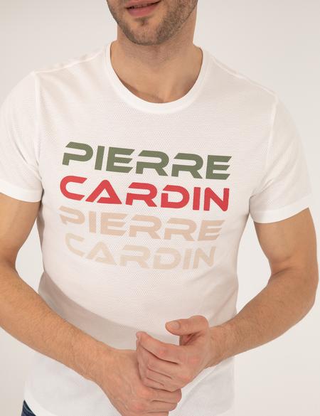 Beyaz Slim Fit Pierre Cardin Baskılı Bisiklet Yaka Tişört - 50269472009