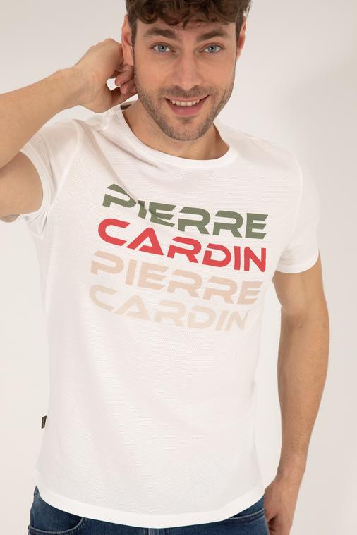 Beyaz Slim Fit Pierre Cardin Baskılı Bisiklet Yaka Tişört