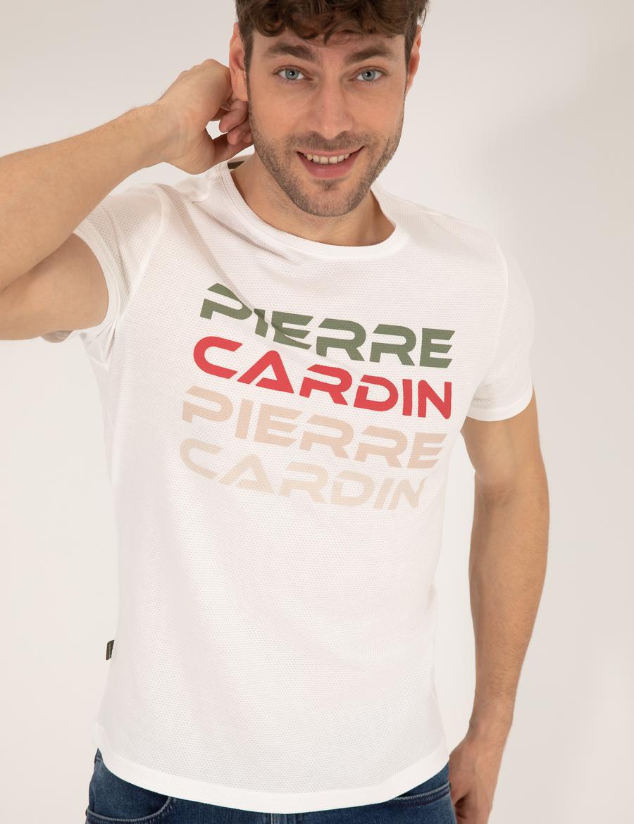 Beyaz Slim Fit Pierre Cardin Baskılı Bisiklet Yaka Tişört
