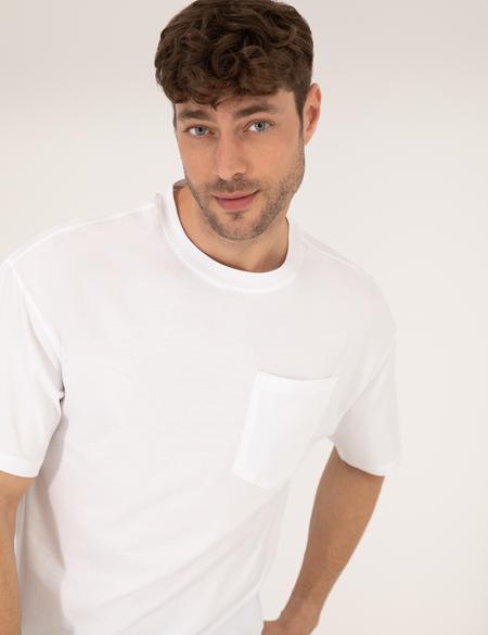 Ekru Regular Fit Düz Cepli Bisiklet Yaka Tişört - 50270489005