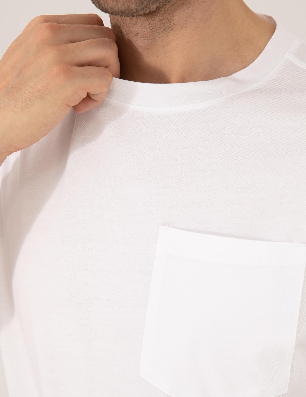 Ekru Regular Fit Düz Cepli Bisiklet Yaka Tişört - 50270489005