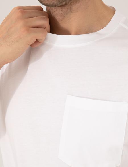 Ekru Regular Fit Düz Cepli Bisiklet Yaka Tişört - 50270489005