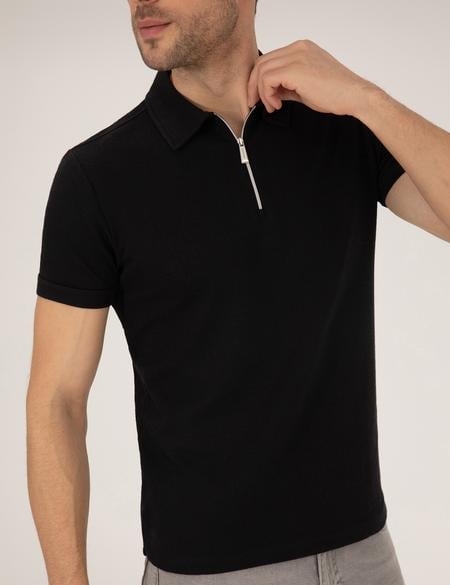 Siyah Slim Fit Fermuarlı Polo Yaka Tişört - 50265228005