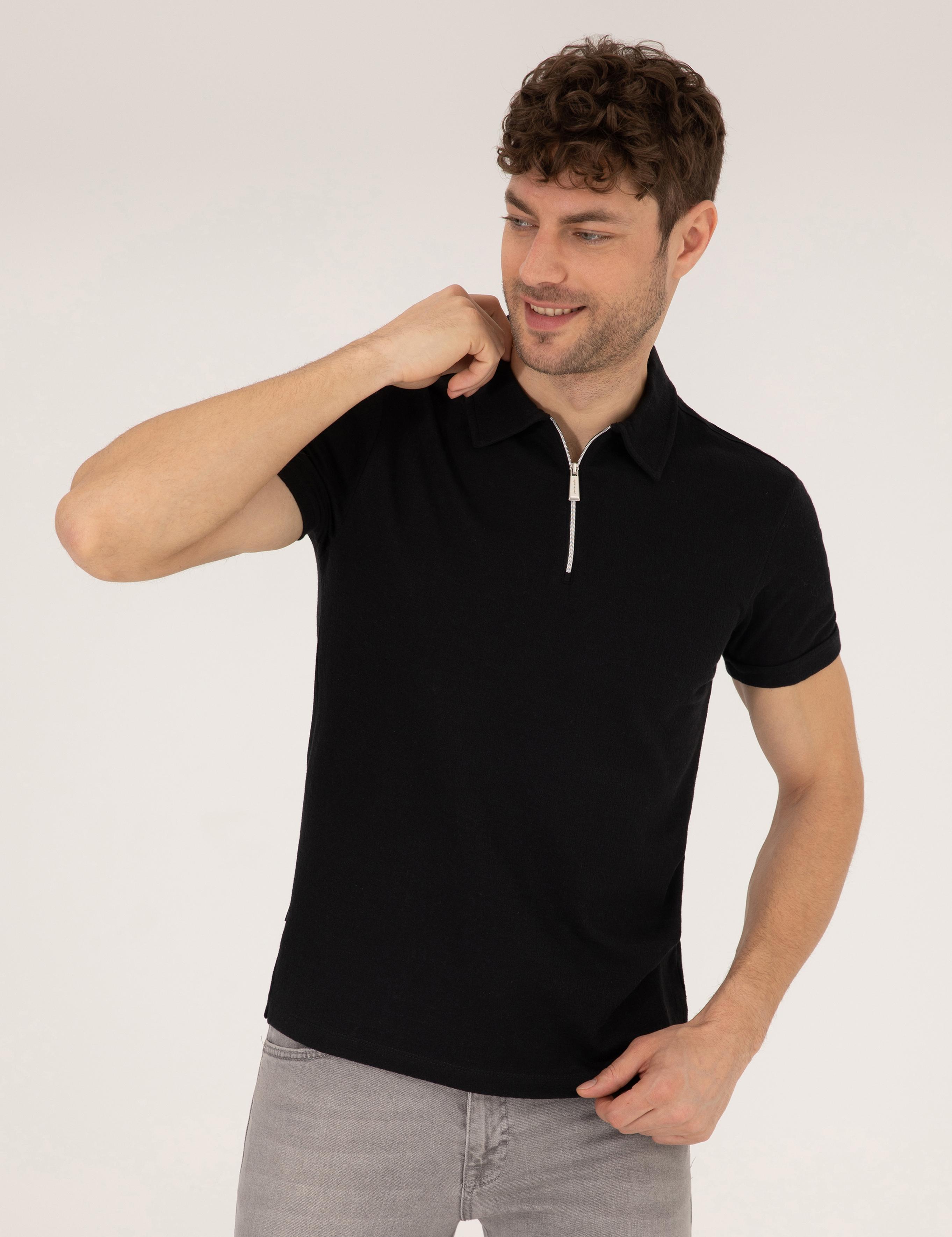 Siyah Slim Fit Fermuarlı Polo Yaka Tişört