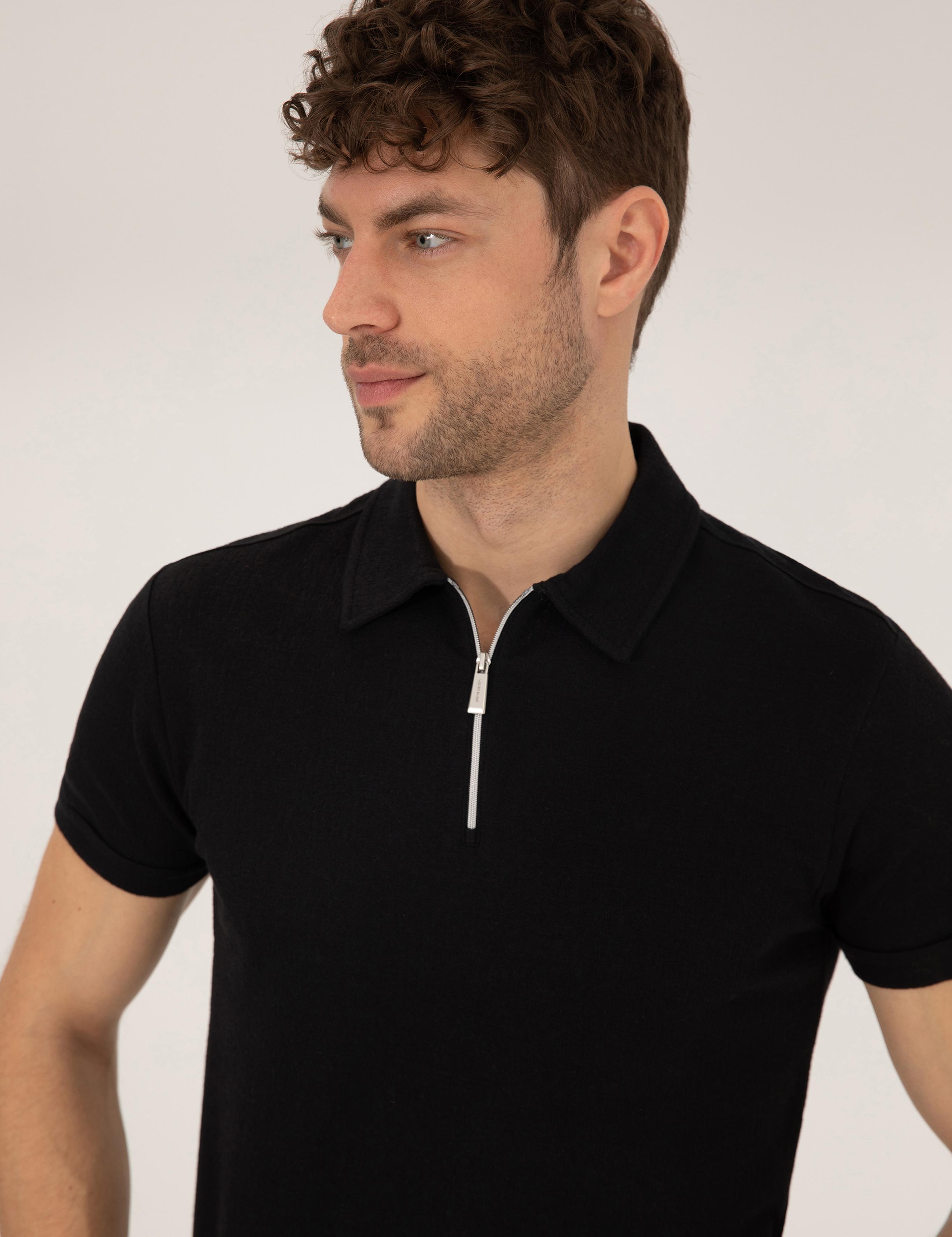 Siyah Slim Fit Fermuarlı Polo Yaka Tişört