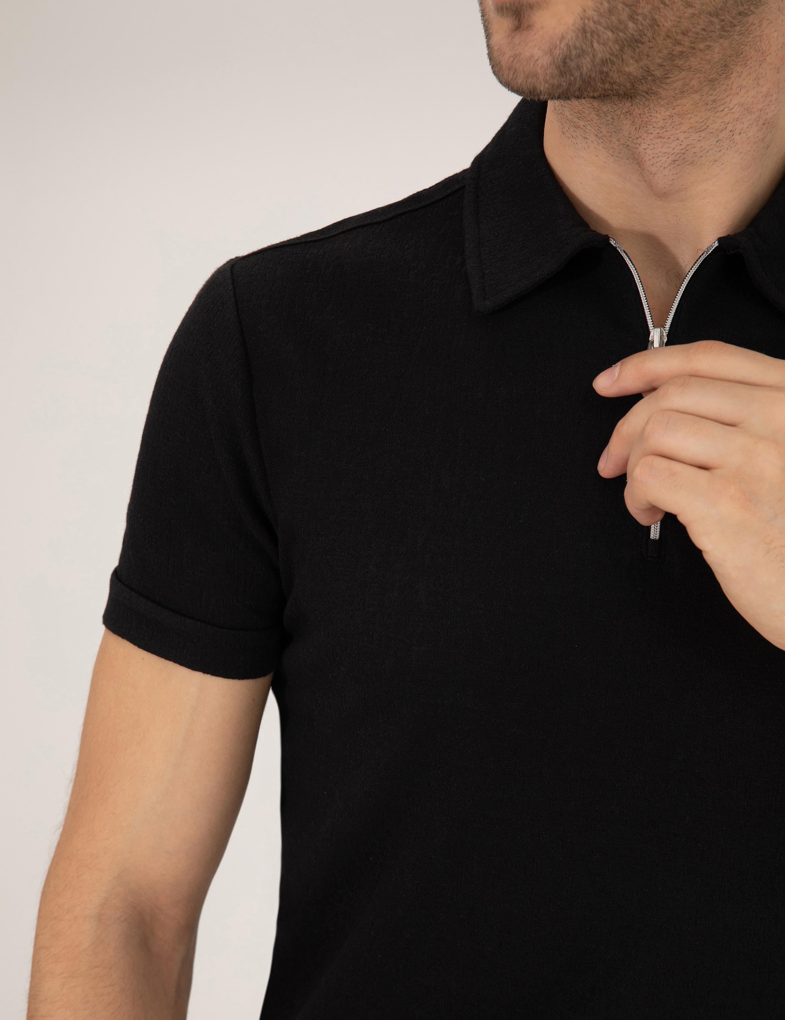 Siyah Slim Fit Fermuarlı Polo Yaka Tişört