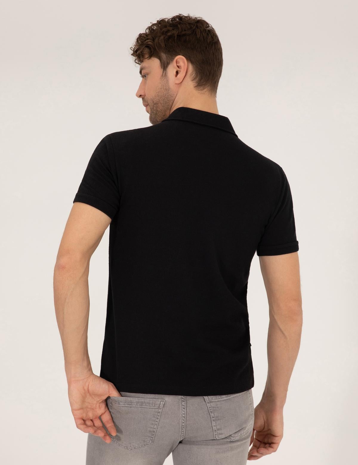 Siyah Slim Fit Fermuarlı Polo Yaka Tişört - 50265228005