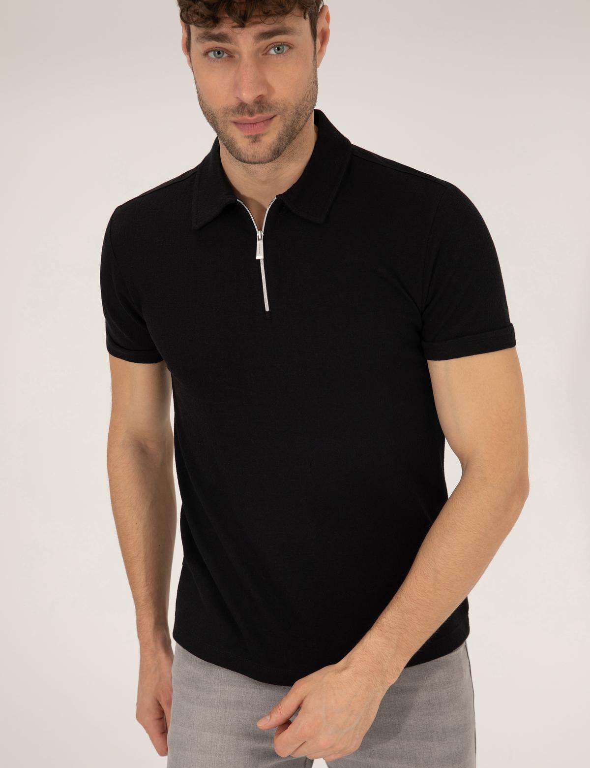 Siyah Slim Fit Fermuarlı Polo Yaka Tişört - 50265228005