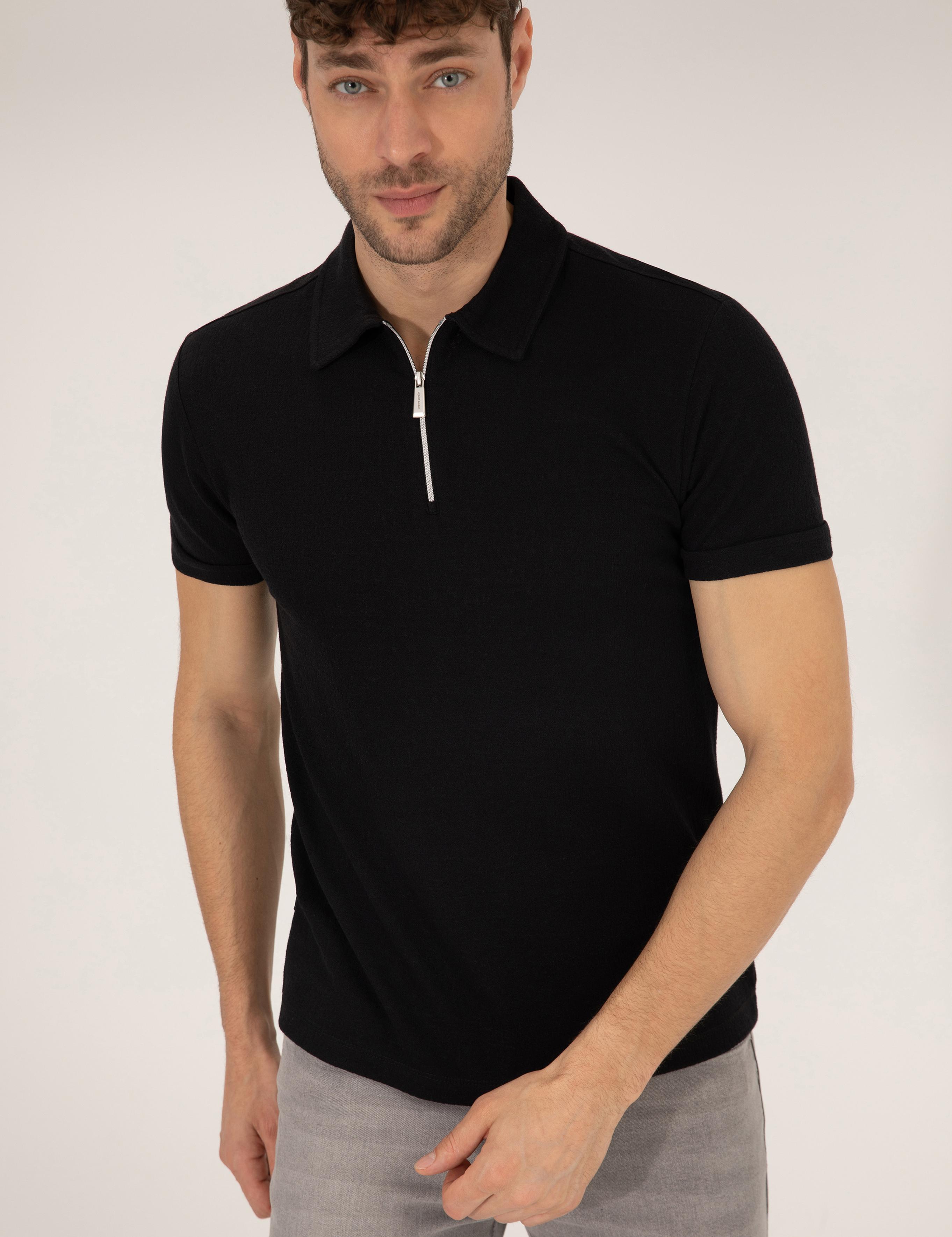 Siyah Slim Fit Fermuarlı Polo Yaka Tişört