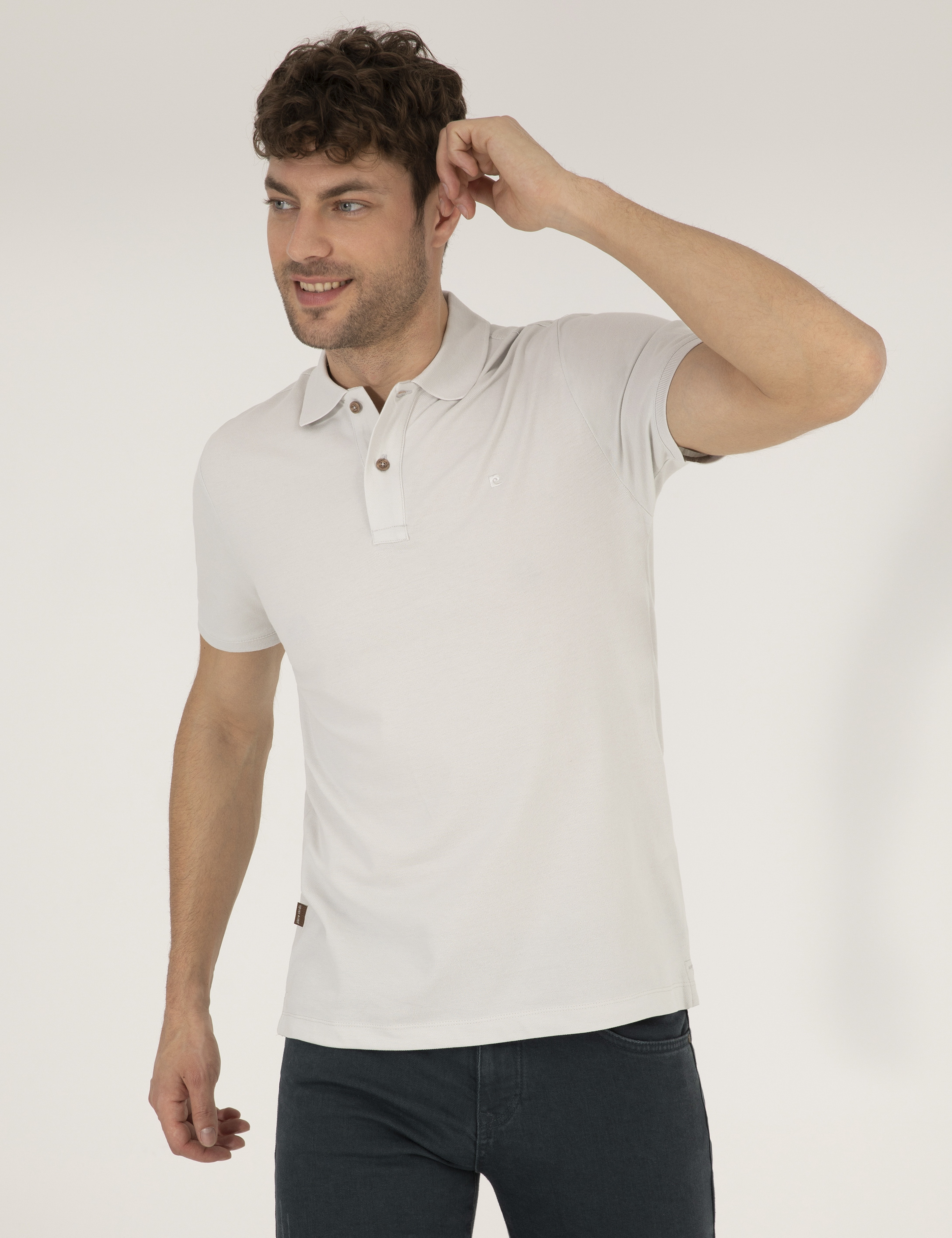 Açık Gri Slim Fit %100 Pamuk Polo Yaka Basic Tişört - Image 1