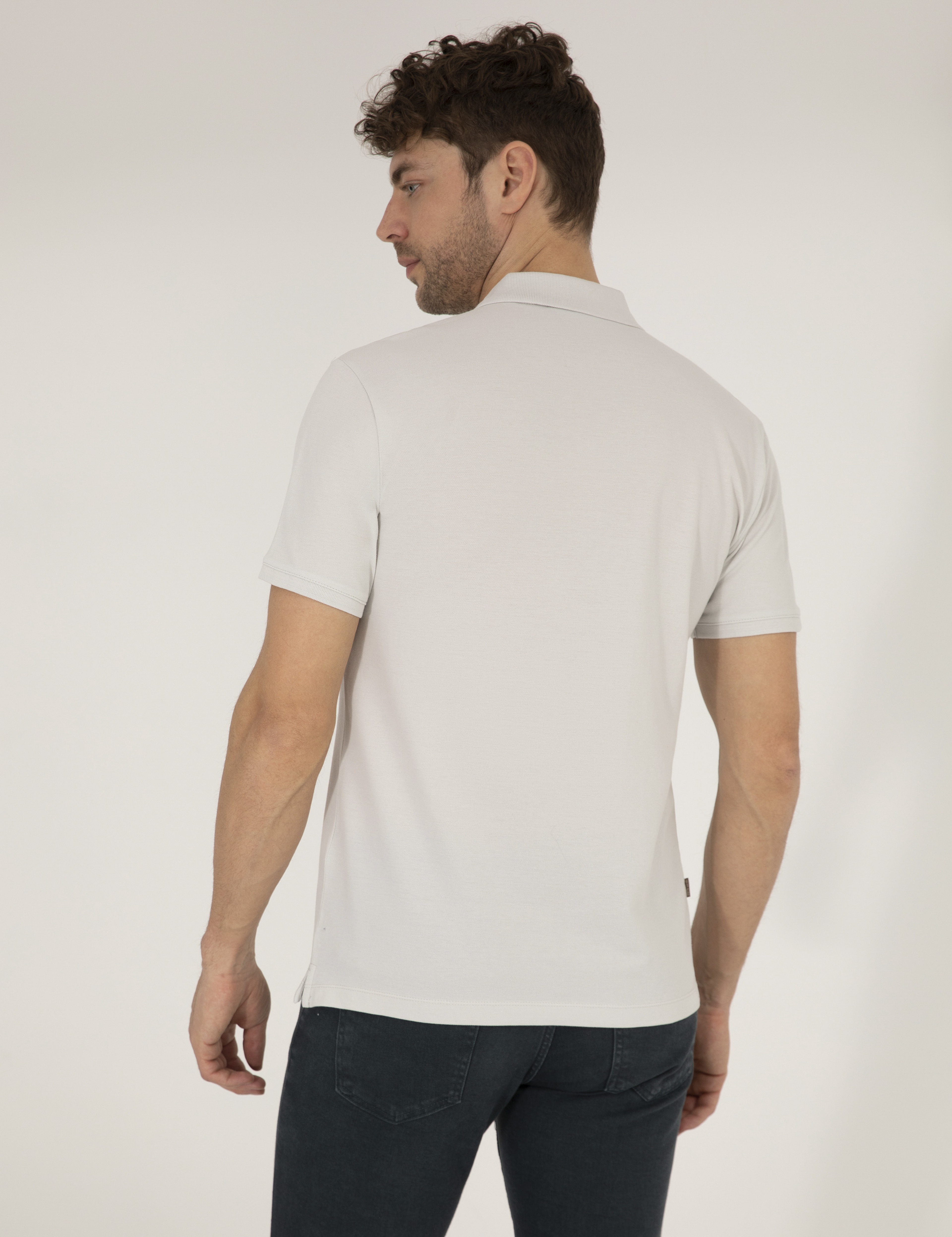 Açık Gri Slim Fit %100 Pamuk Polo Yaka Basic Tişört - Image 5