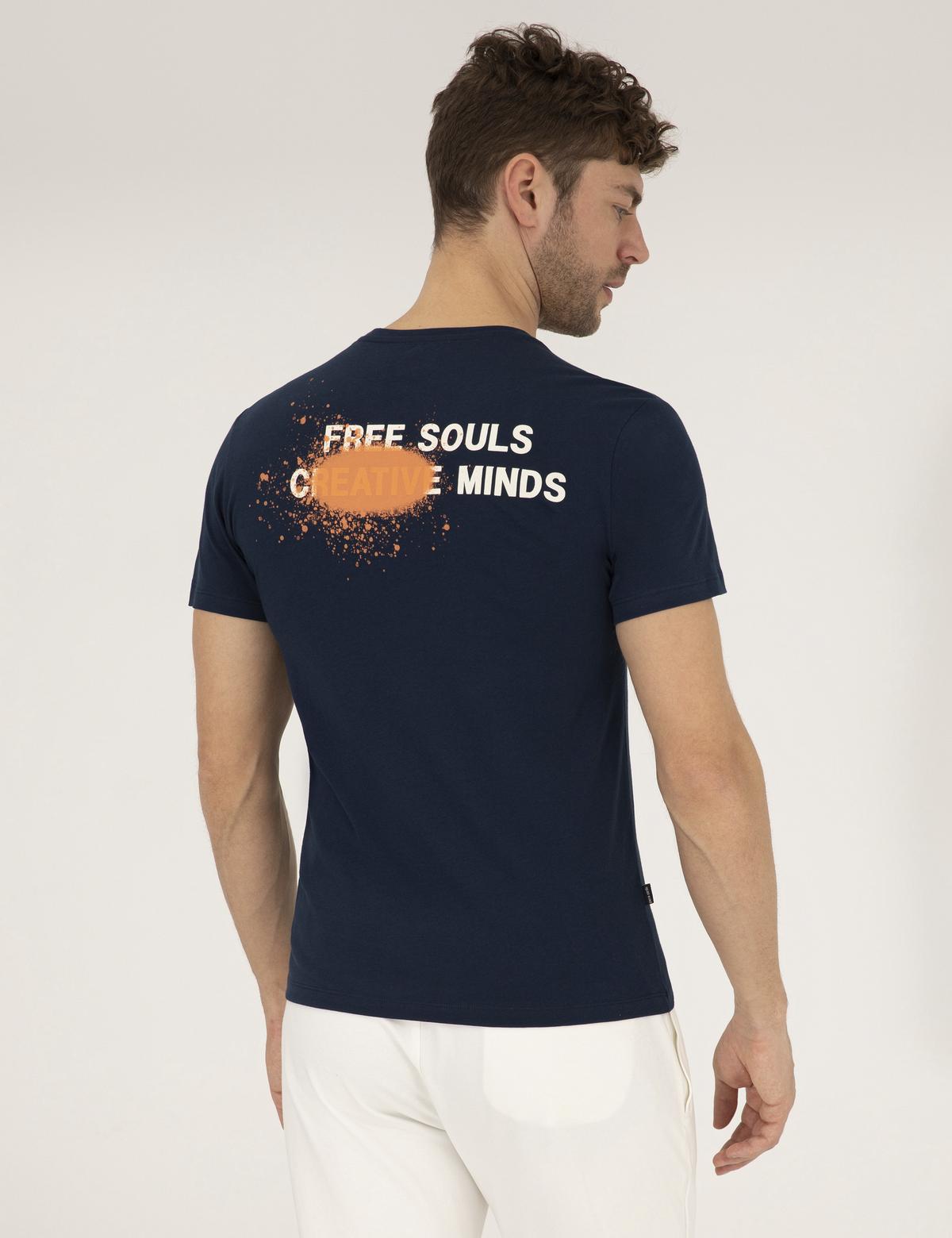 Lacivert Slim Fit Baskılı Bisiklet Yaka Tişört - 50262611053