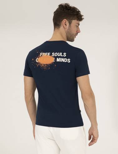 Lacivert Slim Fit Baskılı Bisiklet Yaka Tişört