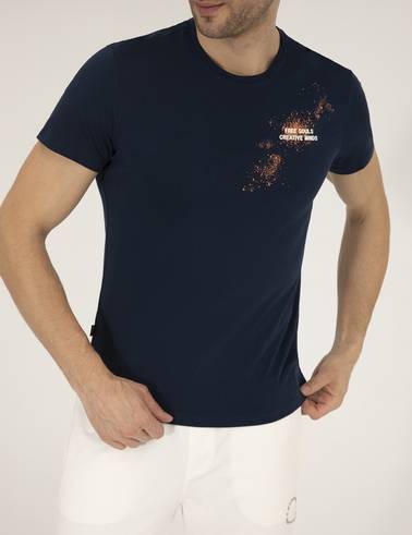 Lacivert Slim Fit Baskılı Bisiklet Yaka Tişört
