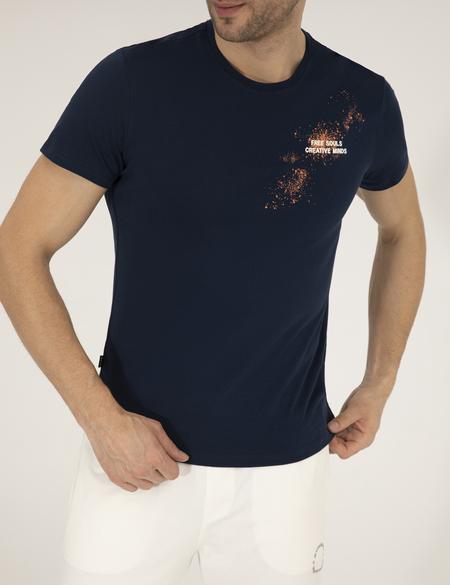 Lacivert Slim Fit Baskılı Bisiklet Yaka Tişört - 50262611053