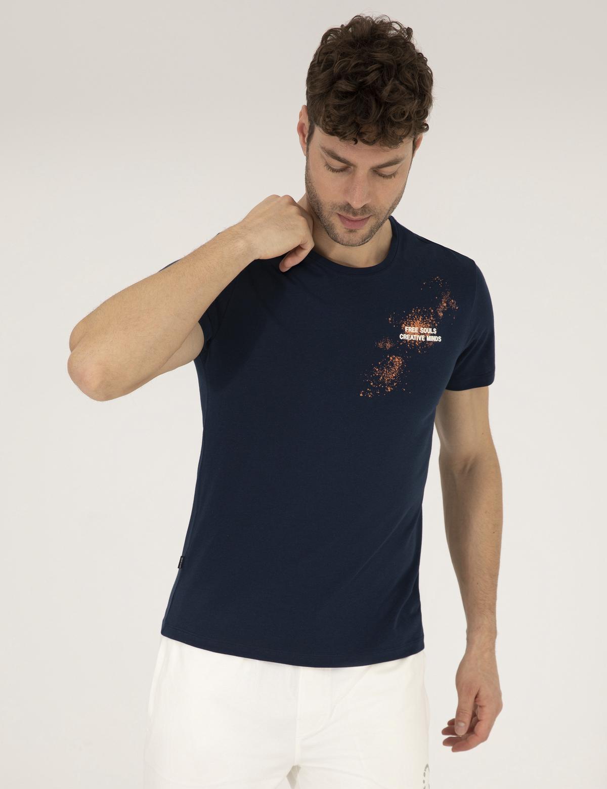 Lacivert Slim Fit Baskılı Bisiklet Yaka Tişört