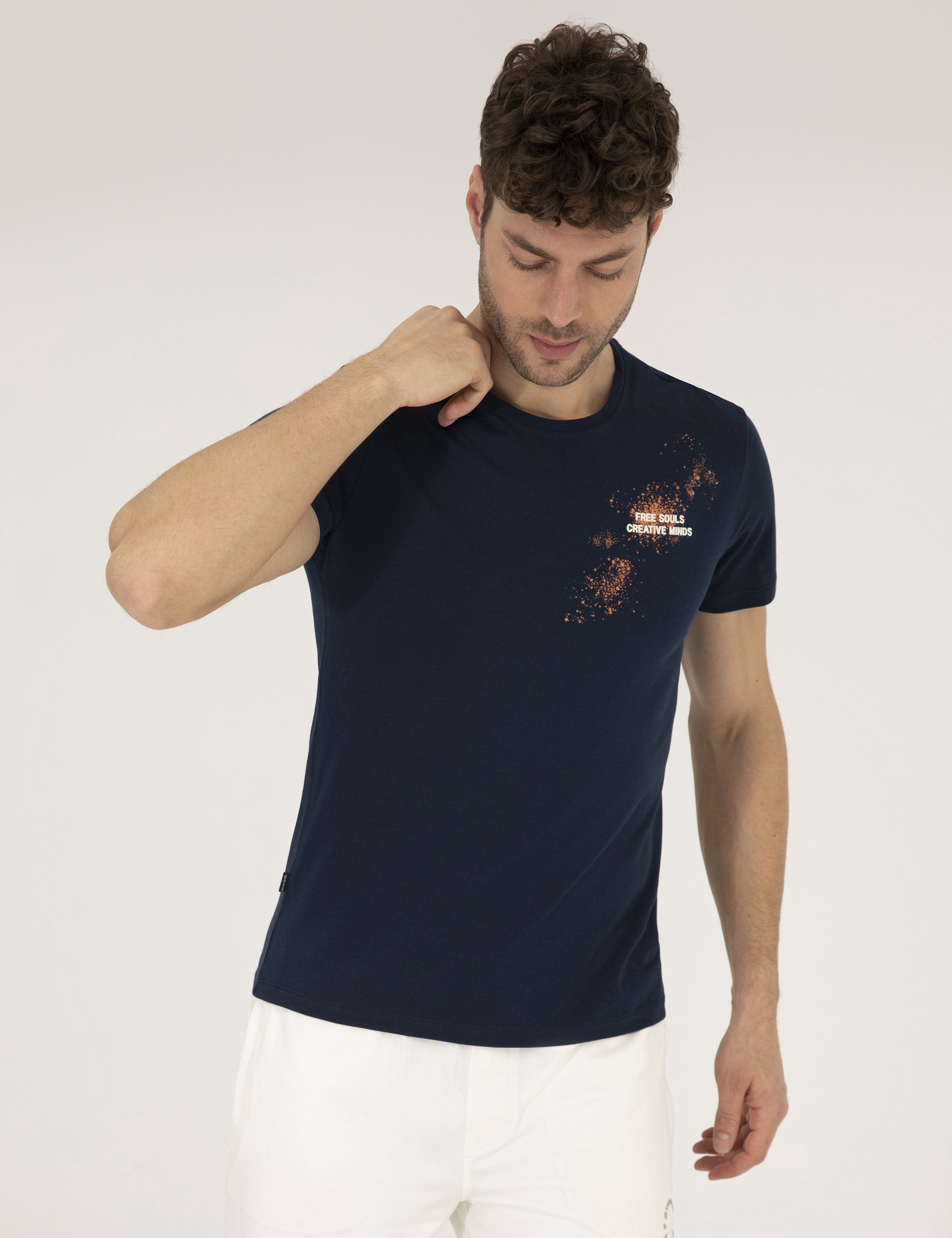 Lacivert Slim Fit Baskılı Bisiklet Yaka Tişört - Image 1
