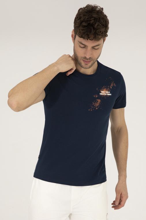 Lacivert Slim Fit Baskılı Bisiklet Yaka Tişört