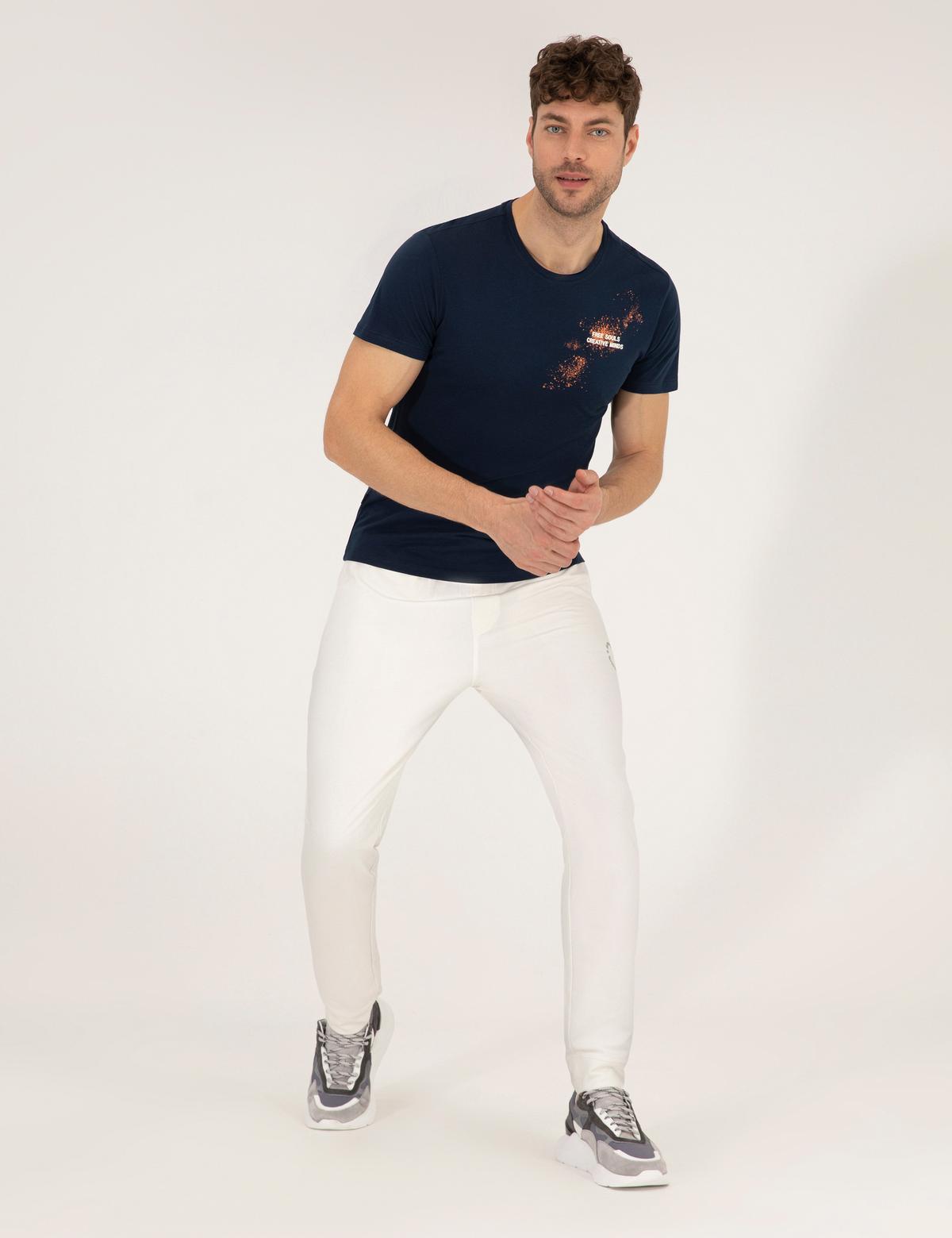 Lacivert Slim Fit Baskılı Bisiklet Yaka Tişört - 50262611053