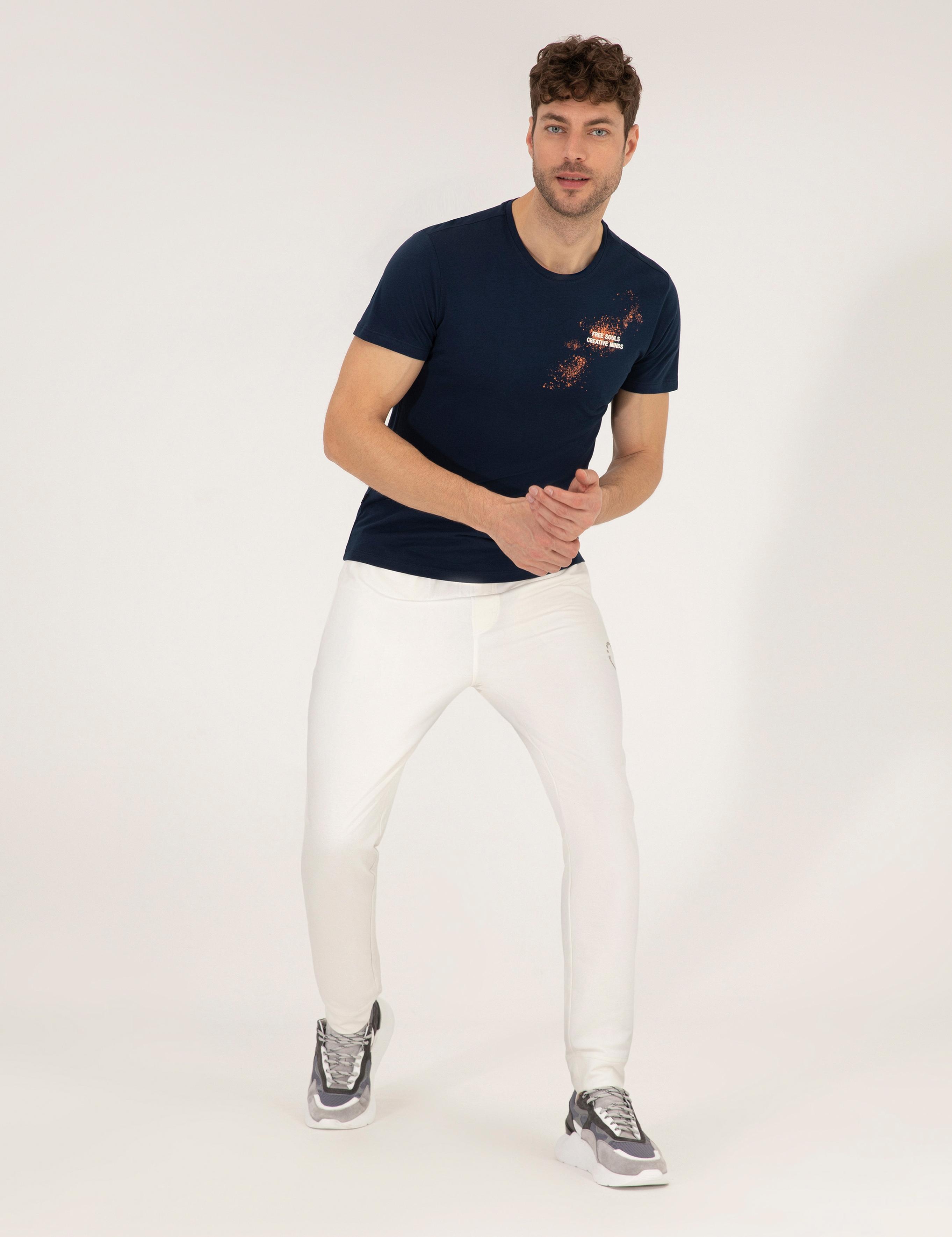 Lacivert Slim Fit Baskılı Bisiklet Yaka Tişört