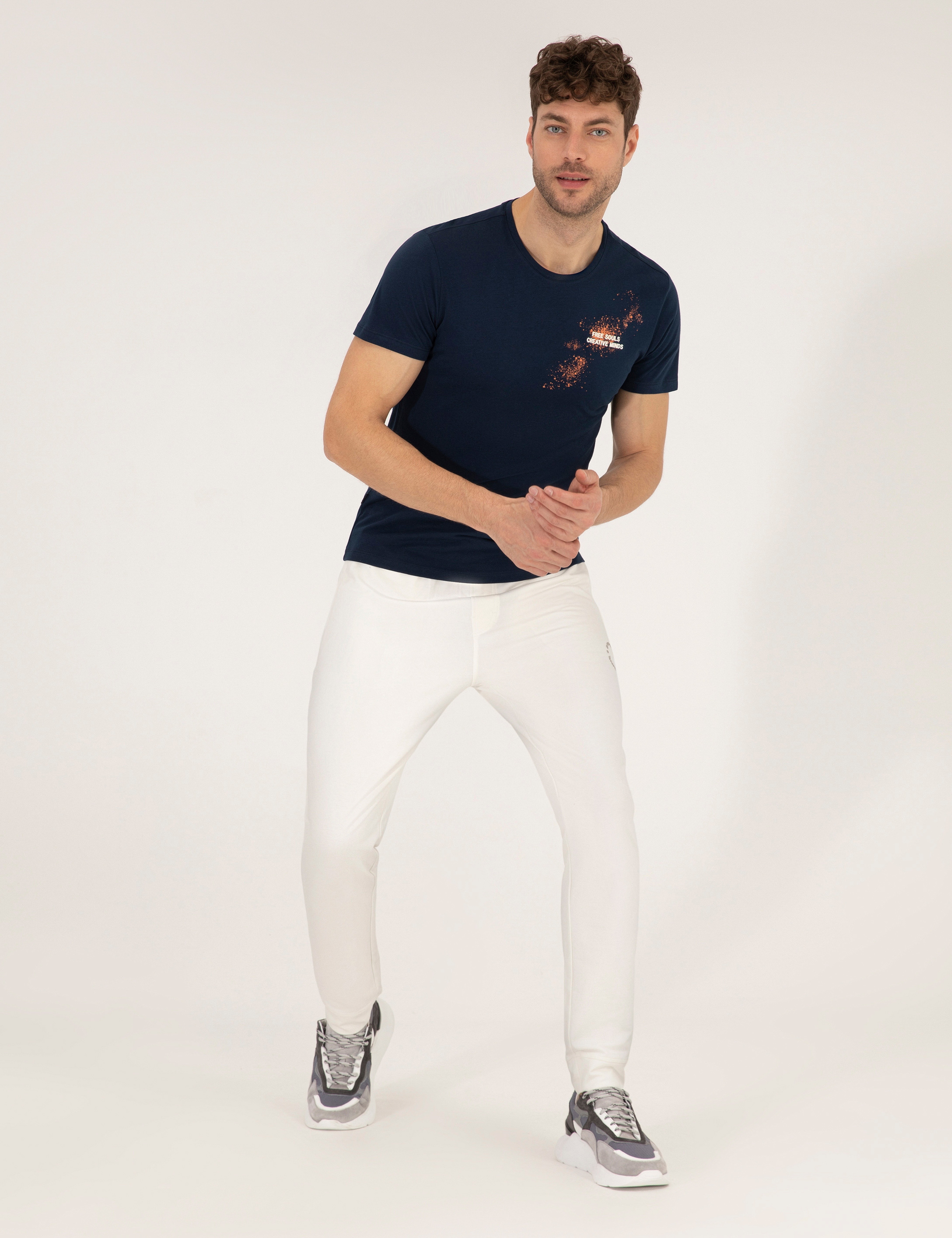 Lacivert Slim Fit Baskılı Bisiklet Yaka Tişört - Image 4
