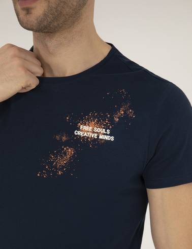 Lacivert Slim Fit Baskılı Bisiklet Yaka Tişört