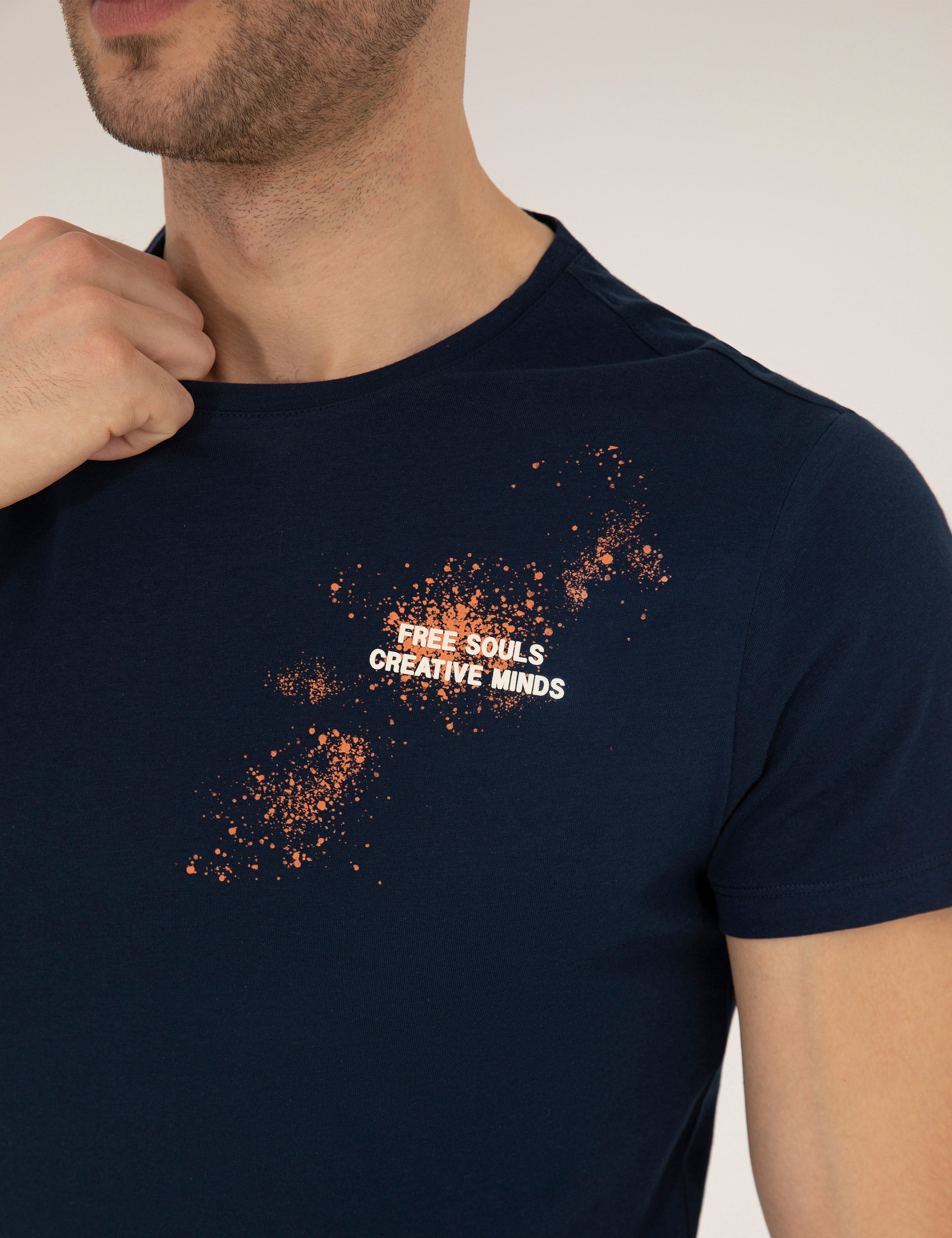 Lacivert Slim Fit Baskılı Bisiklet Yaka Tişört
