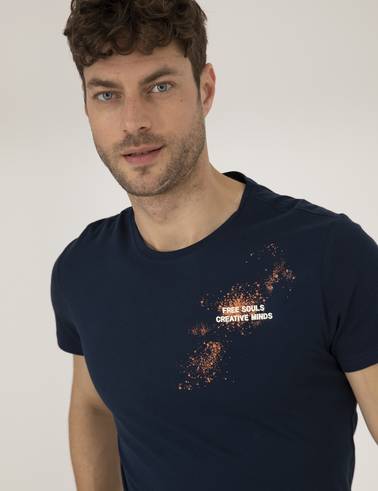 Lacivert Slim Fit Baskılı Bisiklet Yaka Tişört