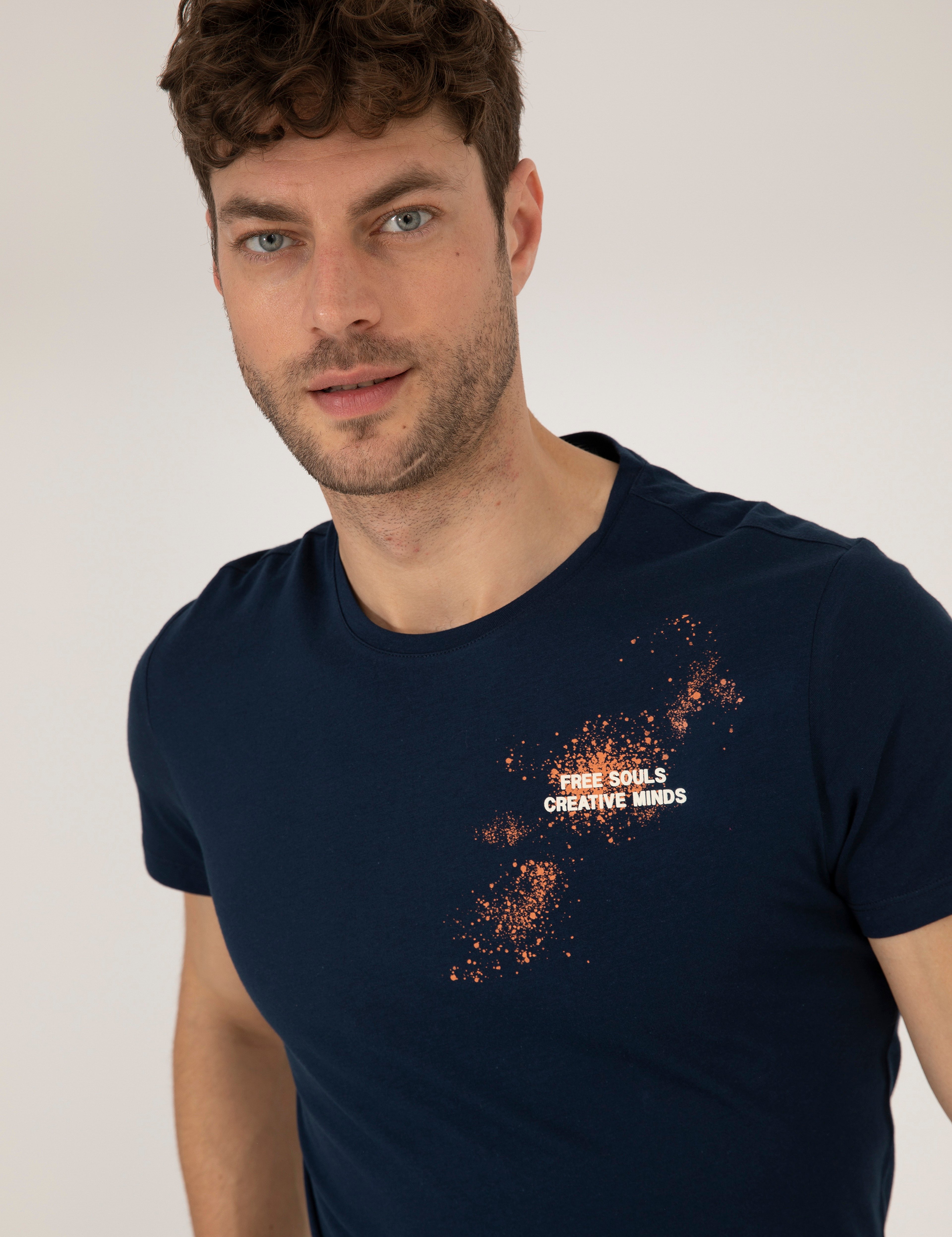 Lacivert Slim Fit Baskılı Bisiklet Yaka Tişört