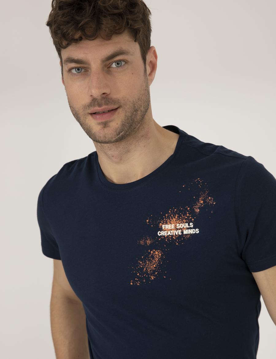 Lacivert Slim Fit Baskılı Bisiklet Yaka Tişört