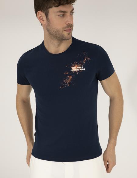 Lacivert Slim Fit Baskılı Bisiklet Yaka Tişört - 50262611053