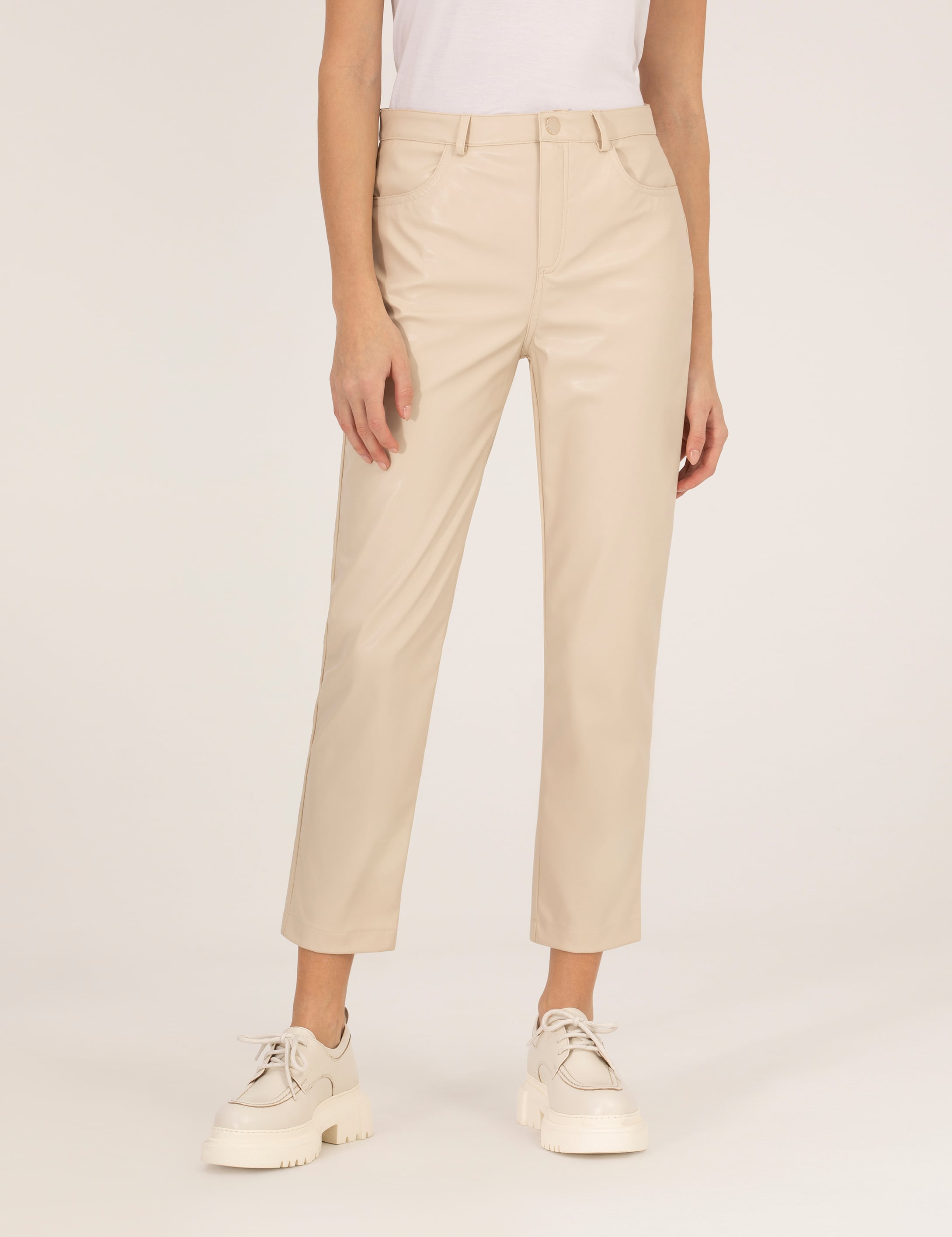 Bej Slim Fit Deri Pantolon - Image 5