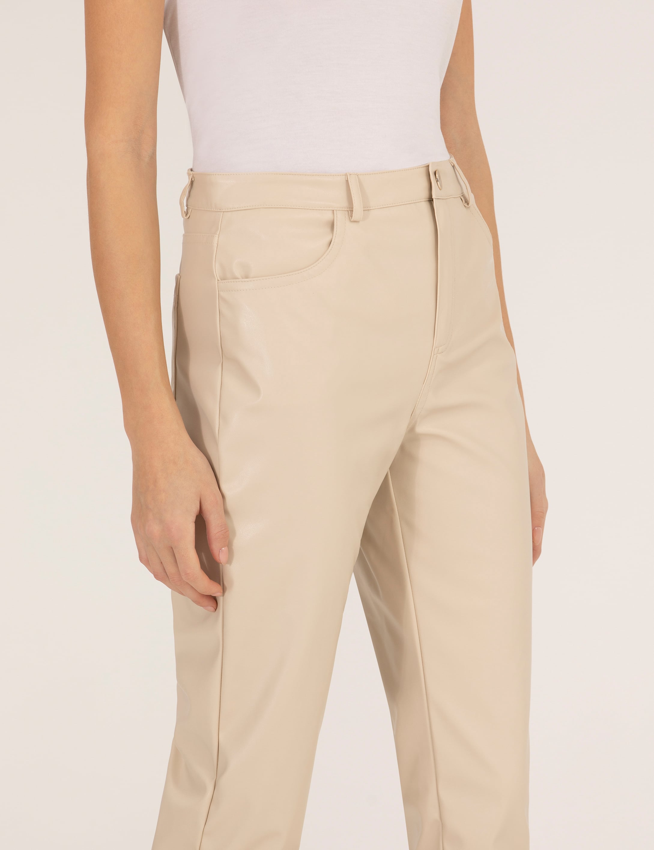 Bej Slim Fit Deri Pantolon - Image 6