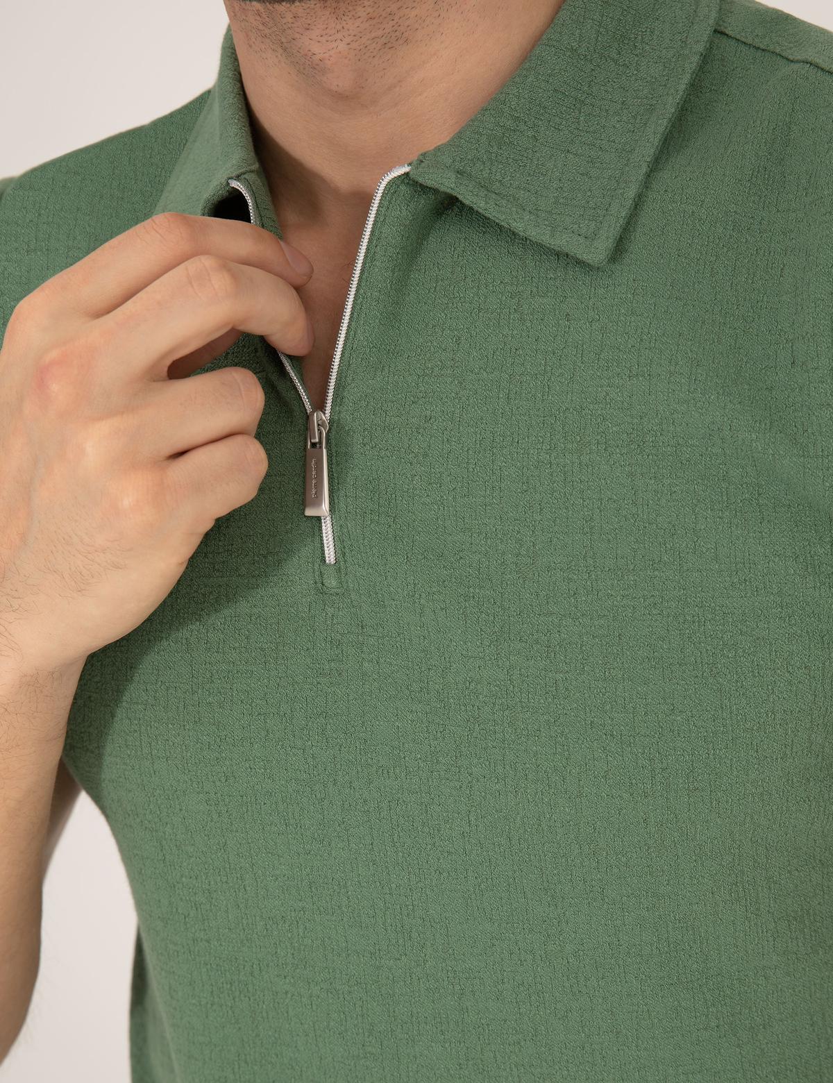 Haki Slim Fit Fermuarlı Polo Yaka Tişört - 50265228034