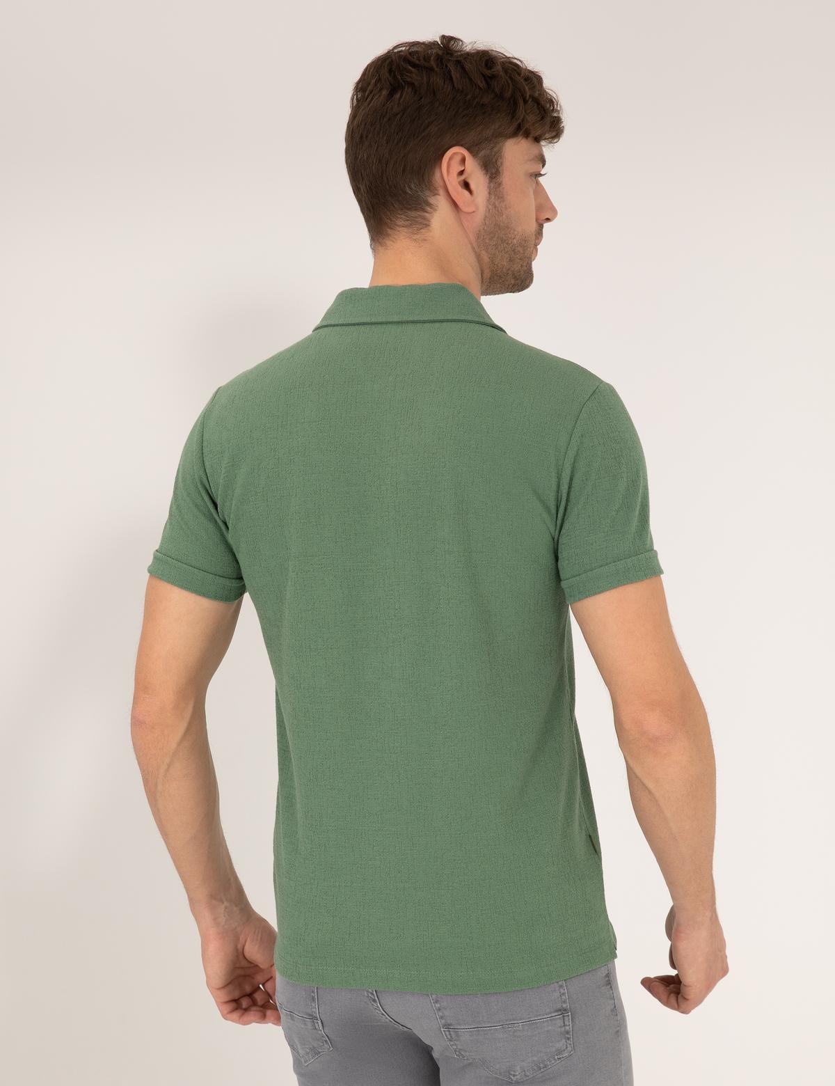 Haki Slim Fit Fermuarlı Polo Yaka Tişört - 50265228034