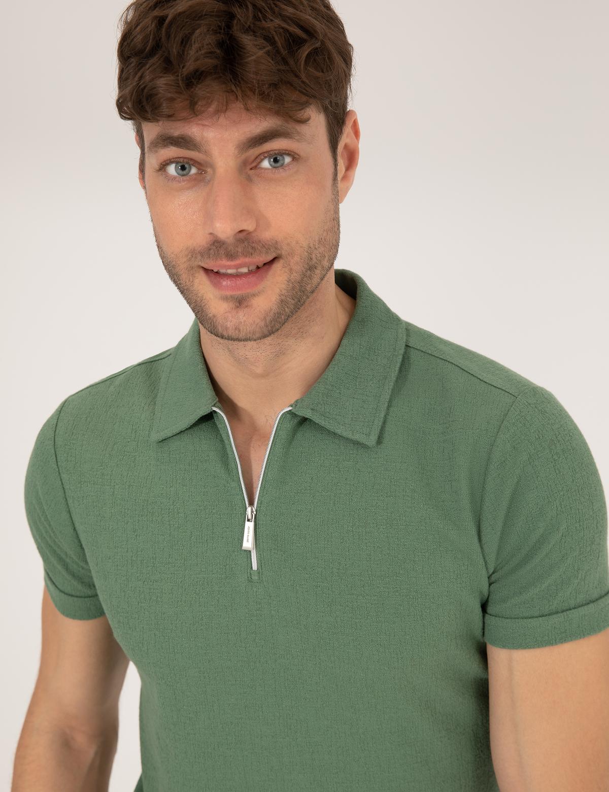 Haki Slim Fit Fermuarlı Polo Yaka Tişört - 50265228034