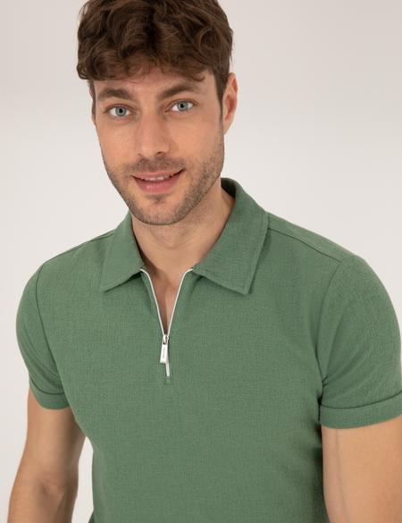 Haki Slim Fit Fermuarlı Polo Yaka Tişört - 50265228034