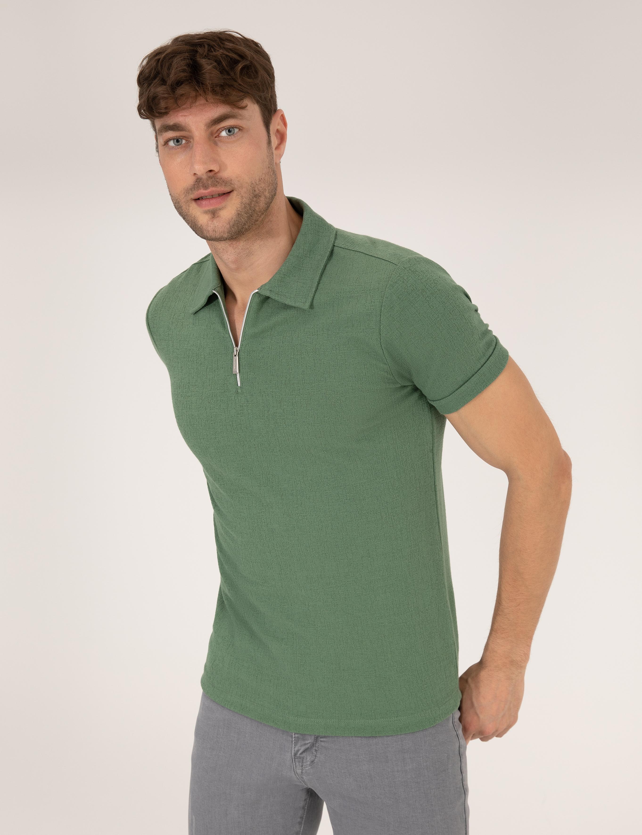 Haki Slim Fit Fermuarlı Polo Yaka Tişört