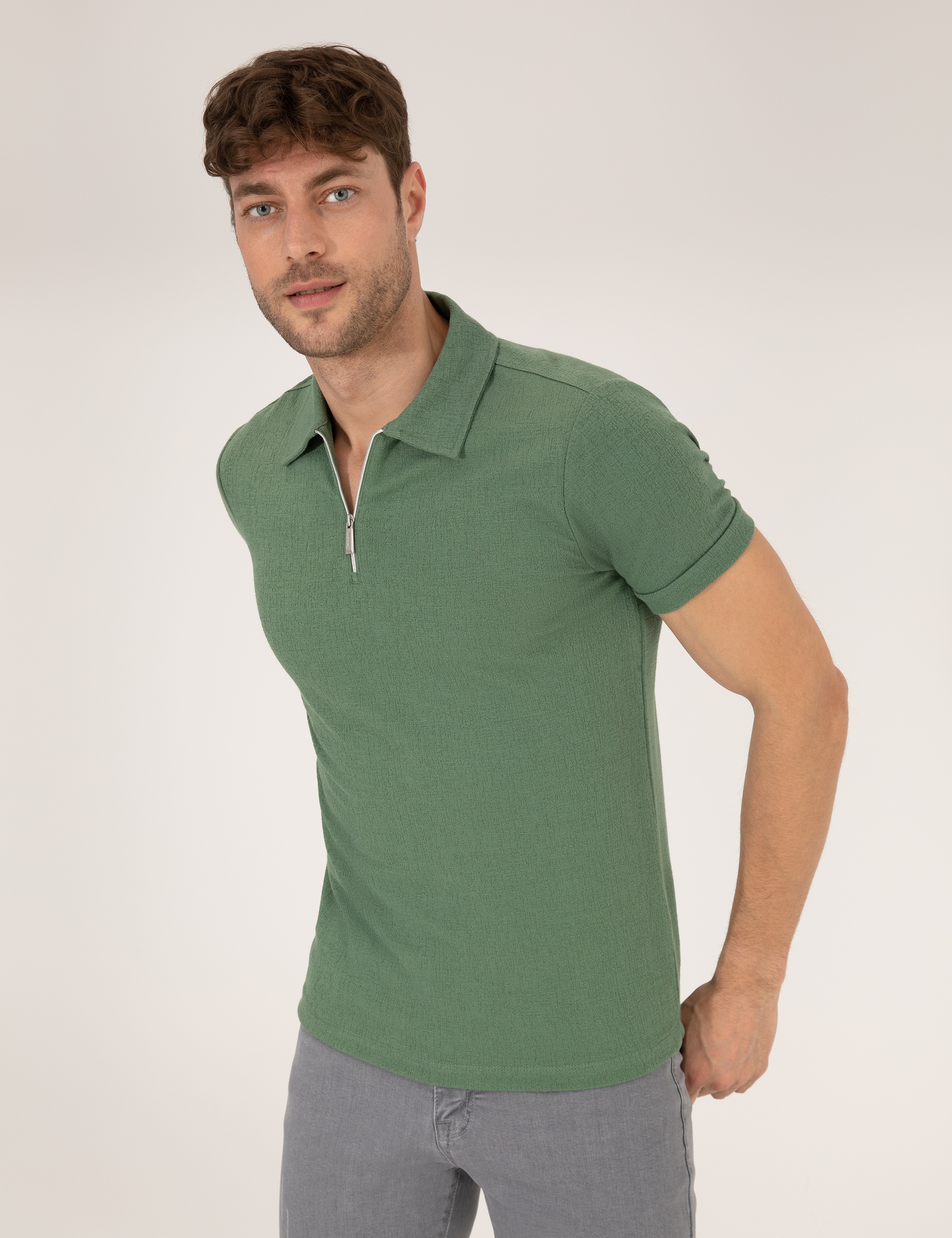 Haki Slim Fit Fermuarlı Polo Yaka Tişört