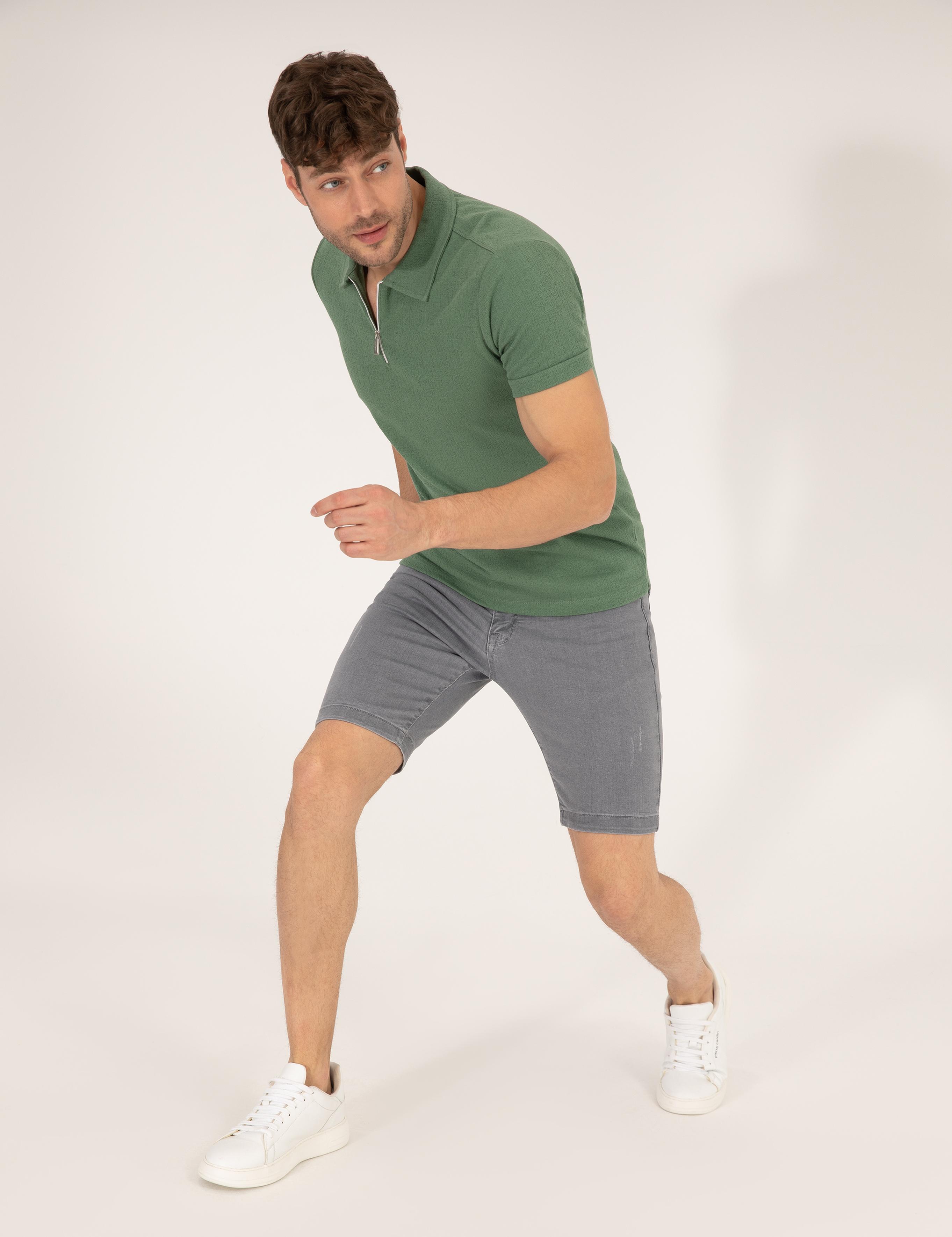 Haki Slim Fit Fermuarlı Polo Yaka Tişört