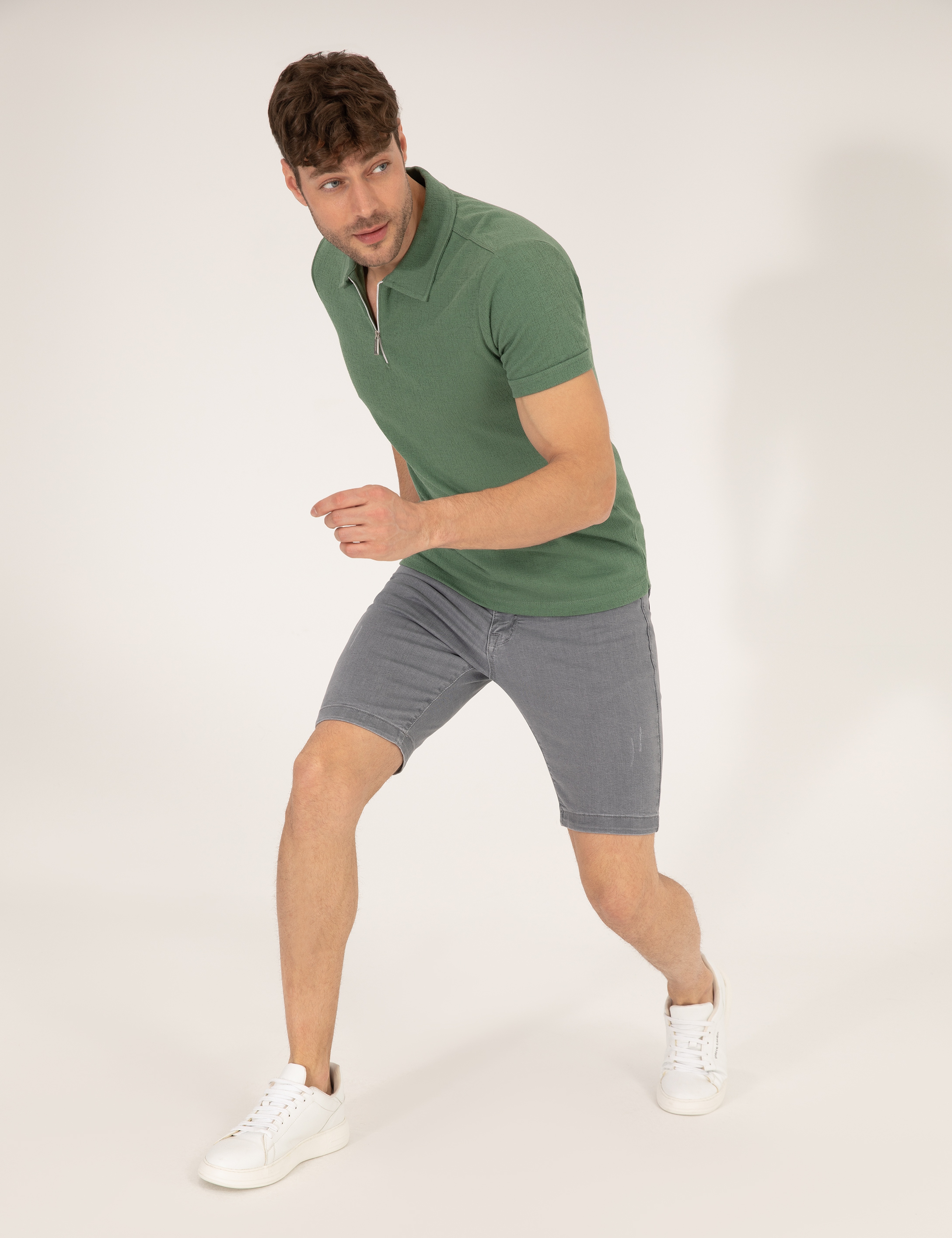 Haki Slim Fit Fermuarlı Polo Yaka Tişört - Image 5