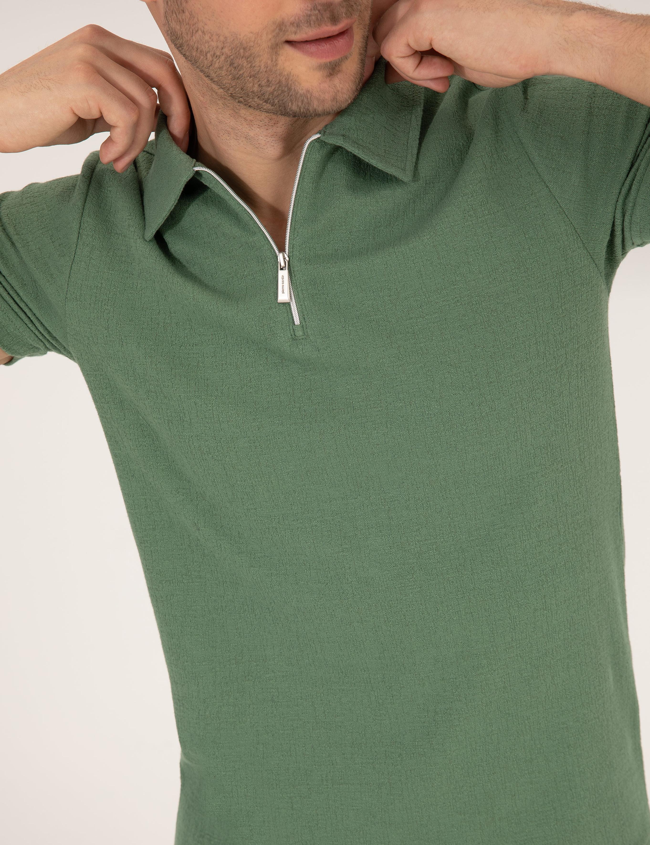 Haki Slim Fit Fermuarlı Polo Yaka Tişört