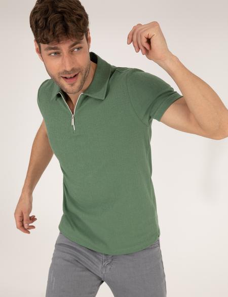 Haki Slim Fit Fermuarlı Polo Yaka Tişört - 50265228034