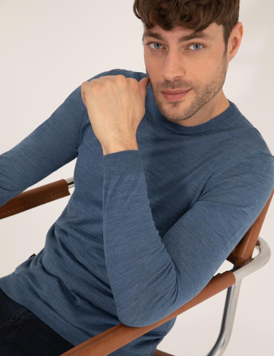 Mavi Slim Fit Bisiklet Yaka Yün Karışımlı Basic Triko Kazak