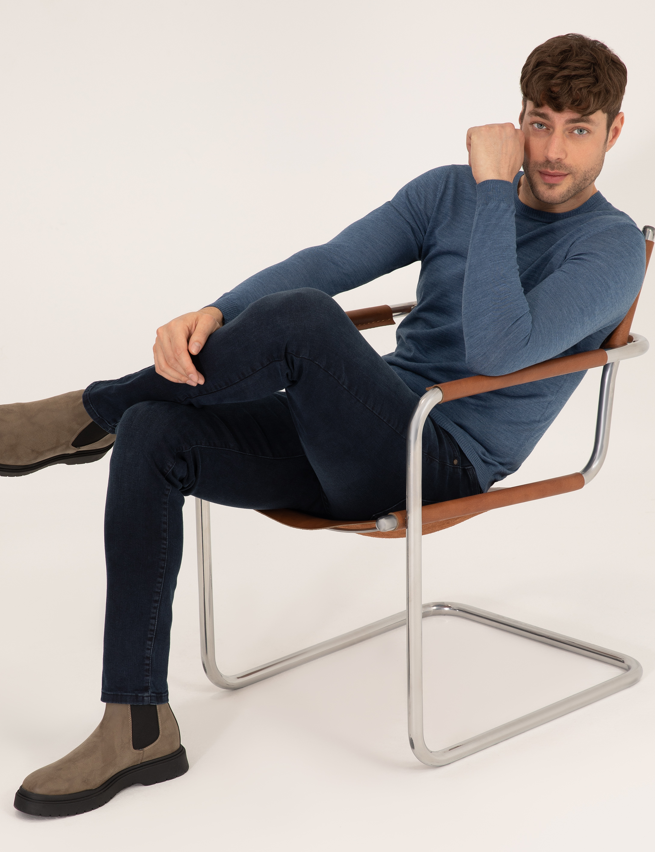 Mavi Slim Fit Bisiklet Yaka Yün Karışımlı Basic Triko Kazak