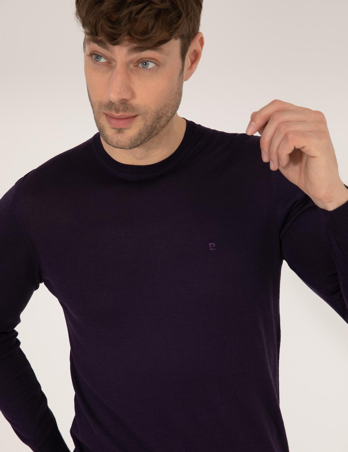 Mor Slim Fit Bisiklet Yaka Yün Karışımlı Basic Triko Kazak