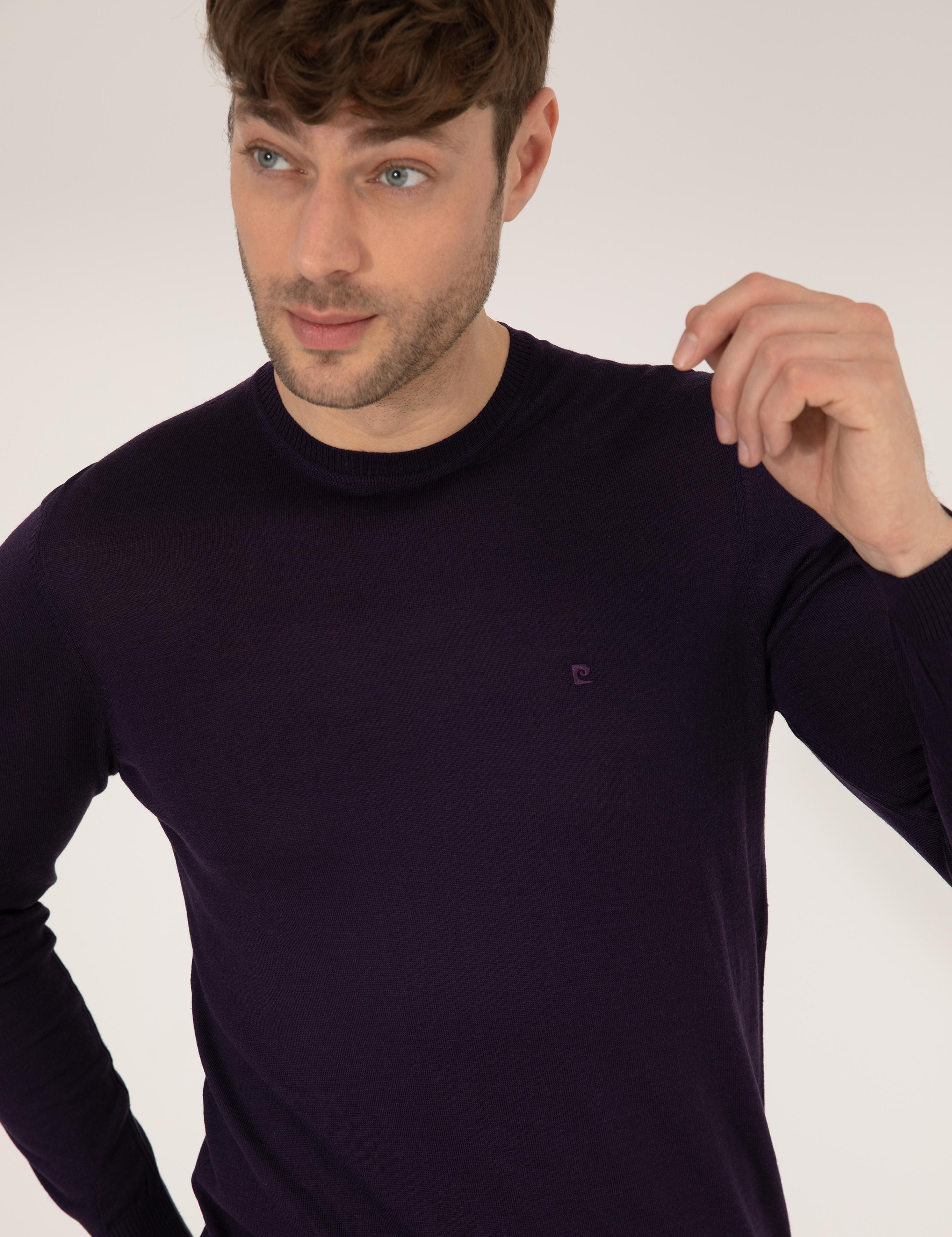 Mor Slim Fit Bisiklet Yaka Yün Karışımlı Basic Triko Kazak