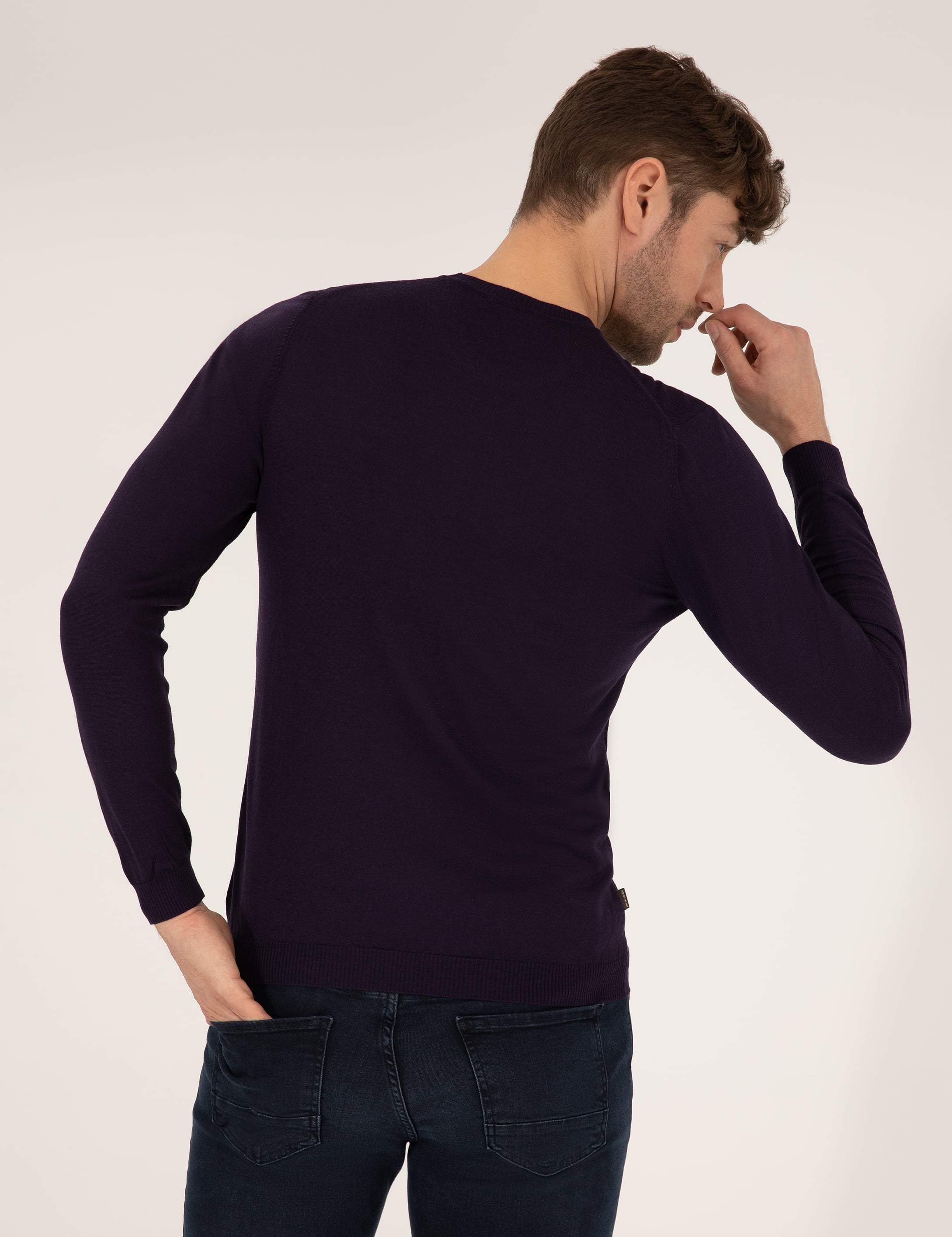 Mor Slim Fit Bisiklet Yaka Yün Karışımlı Basic Triko Kazak