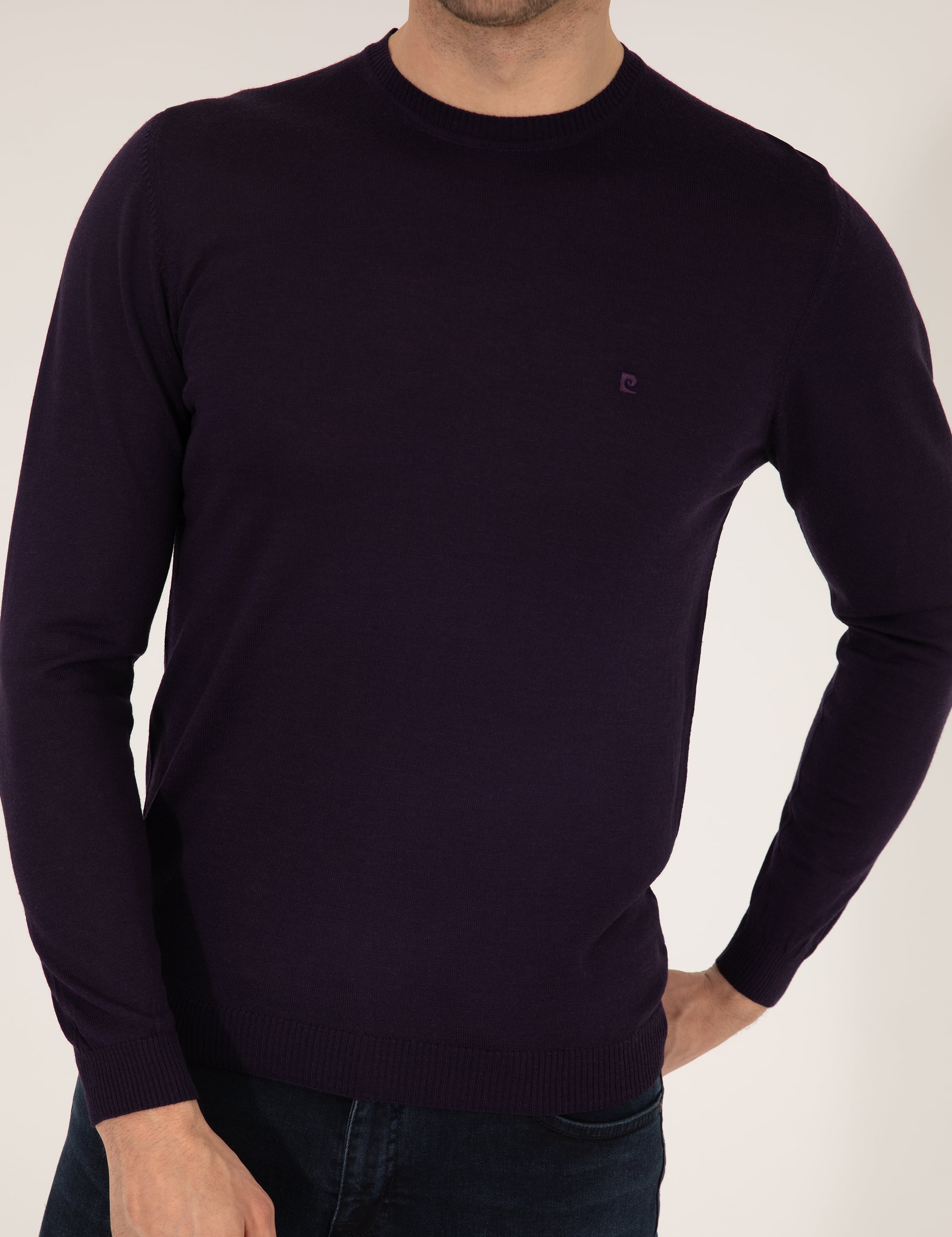 Mor Slim Fit Bisiklet Yaka Yün Karışımlı Basic Triko Kazak