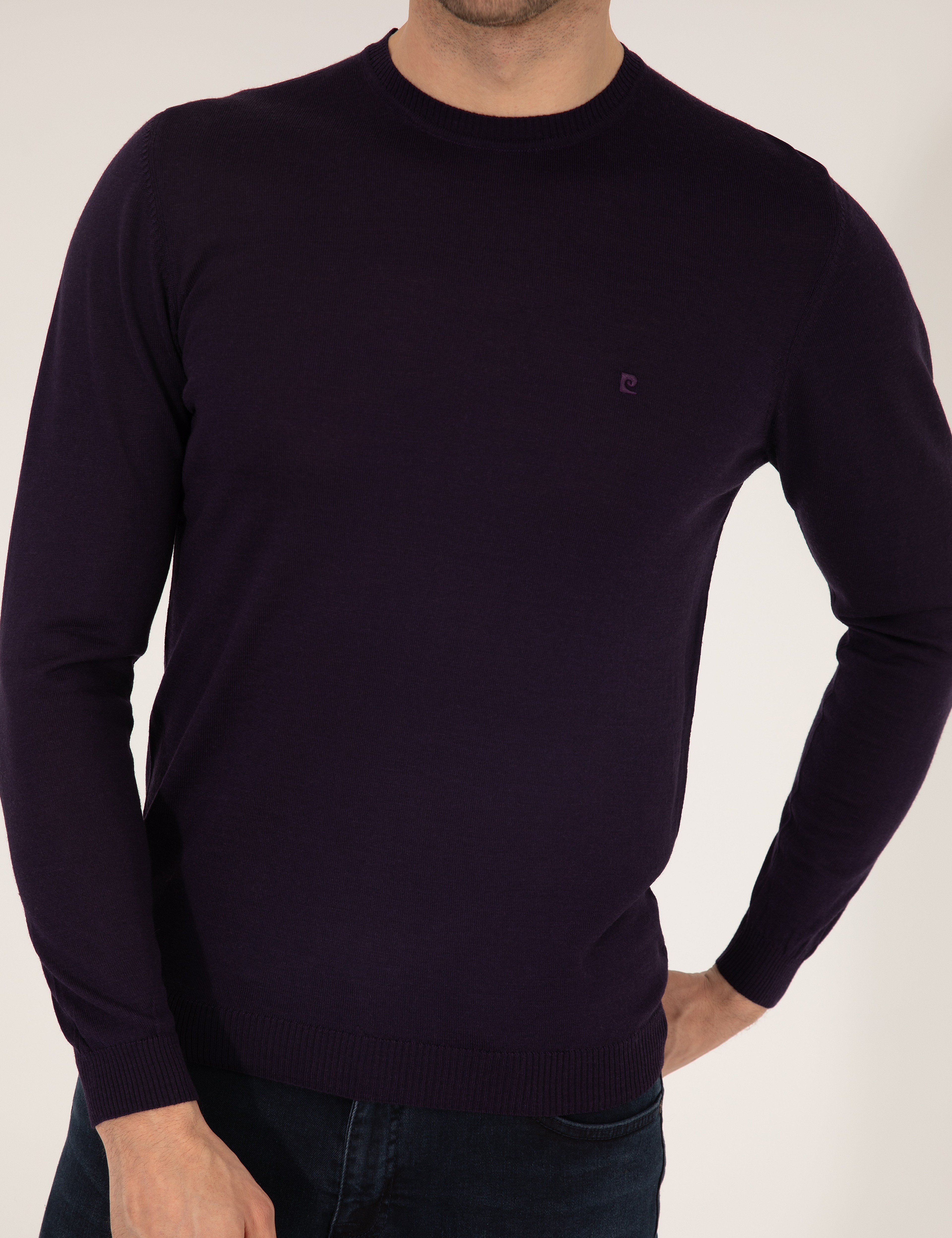 Mor Slim Fit Bisiklet Yaka Yün Karışımlı Basic Triko Kazak - Image 6